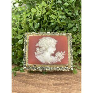 Vintage Sankyo Japan Cameo Music Box Brass Red White 3 Inch Coquette Style